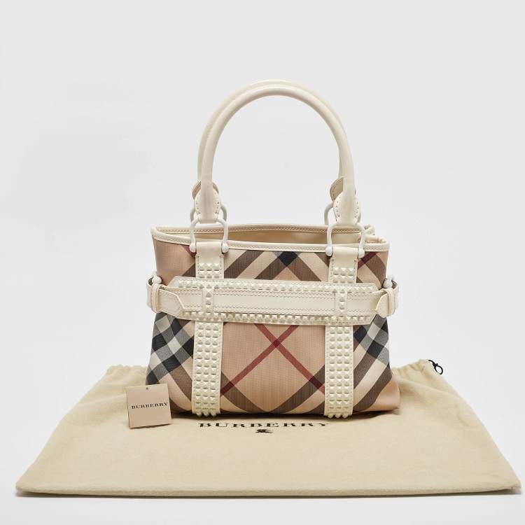 Pre Owned Burberry White/Beige Super Nova Check Vinyl Small Studded Rachel Tote