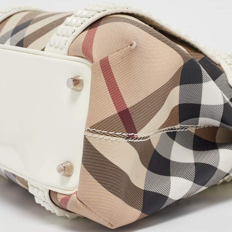 Pre Owned Burberry White/Beige Super Nova Check Vinyl Small Studded Rachel Tote