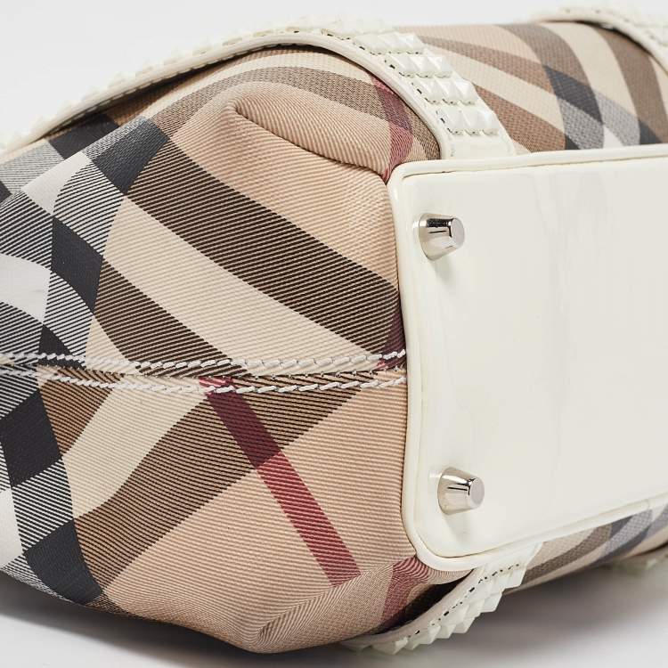 Pre Owned Burberry White/Beige Super Nova Check Vinyl Small Studded Rachel Tote