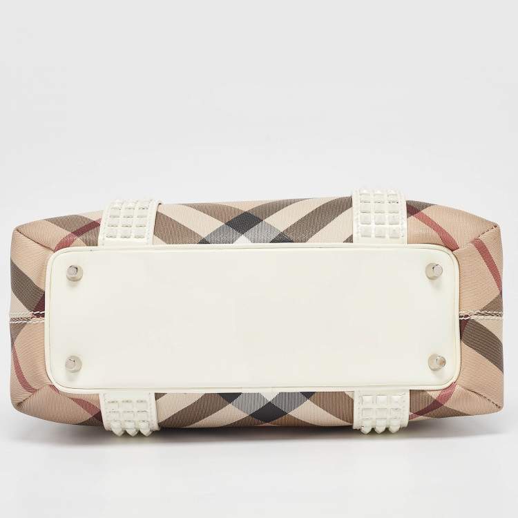 Pre Owned Burberry White/Beige Super Nova Check Vinyl Small Studded Rachel Tote