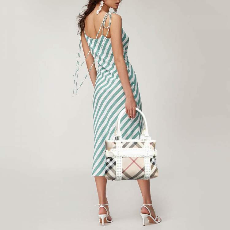 Pre Owned Burberry White/Beige Super Nova Check Vinyl Small Studded Rachel Tote