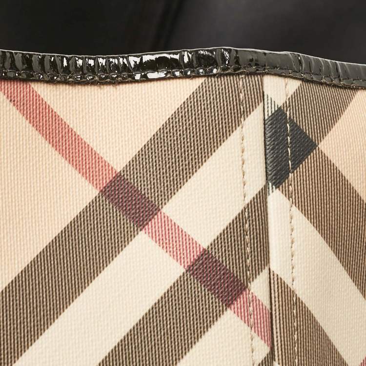 Pre Owned Burberry Black/Beige Supernova Check Coated Canvas and Patent Leather Large Nickie Tote