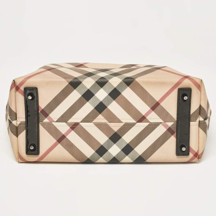 Pre Owned Burberry Black/Beige Supernova Check Coated Canvas and Patent Leather Large Nickie Tote