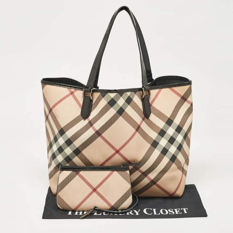 Pre Owned Burberry Black/Beige Supernova Check Coated Canvas and Patent Leather Large Nickie Tote
