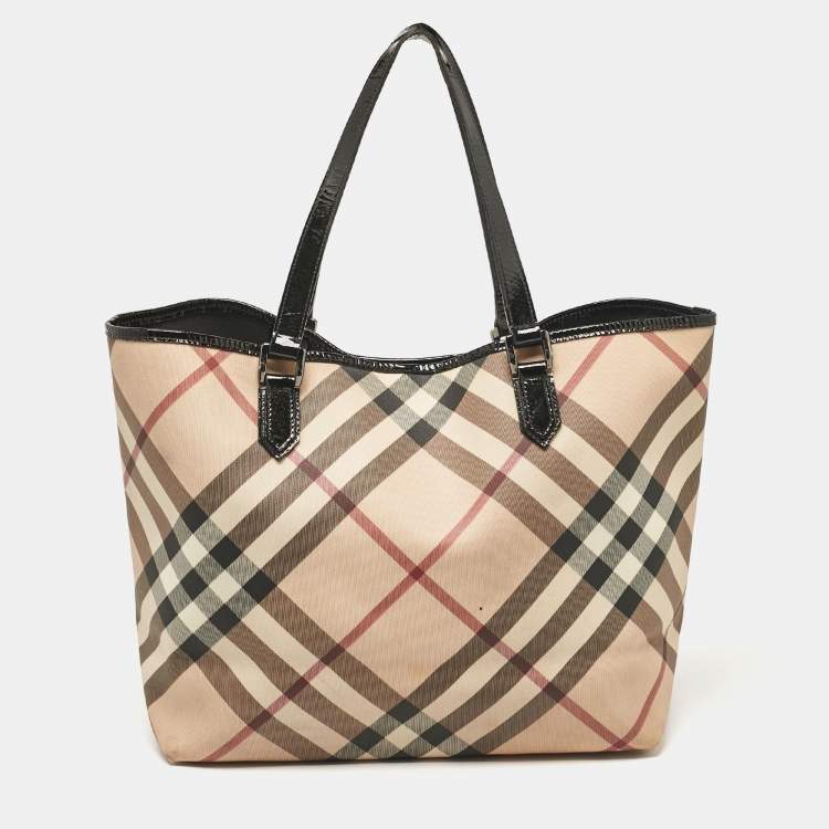 Pre Owned Burberry Black/Beige Supernova Check Coated Canvas and Patent Leather Large Nickie Tote