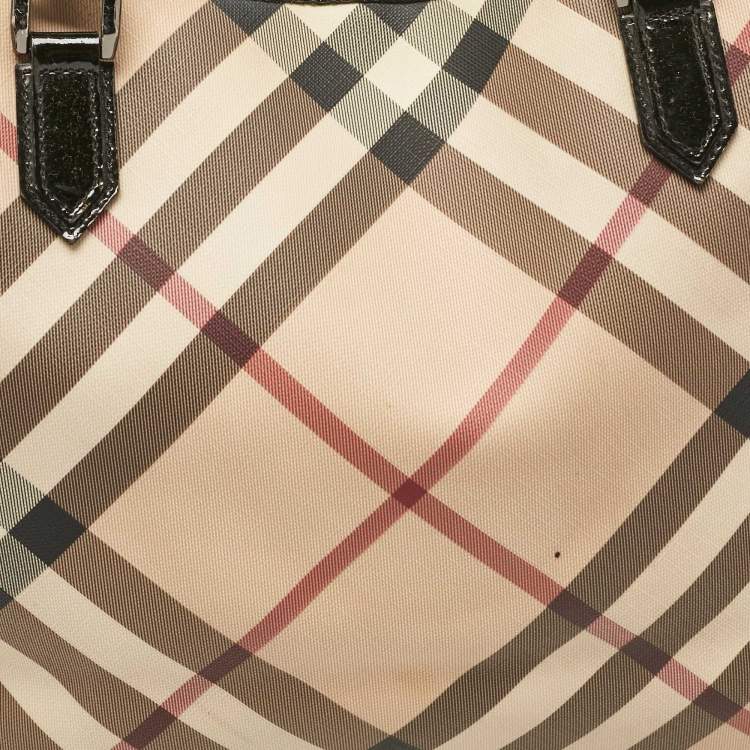 Pre Owned Burberry Black/Beige Supernova Check Coated Canvas and Patent Leather Large Nickie Tote