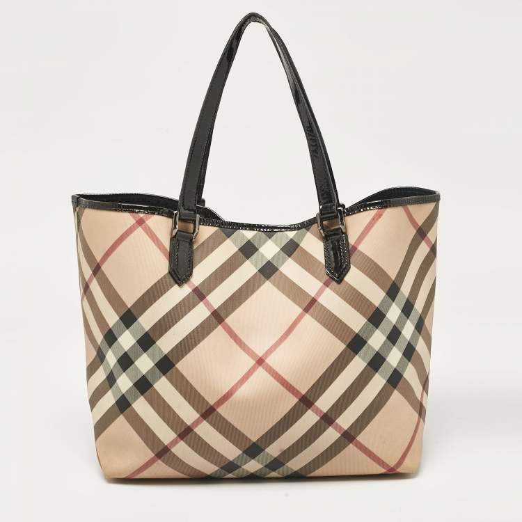 Pre Owned Burberry Black/Beige Supernova Check Coated Canvas and Patent Leather Large Nickie Tote
