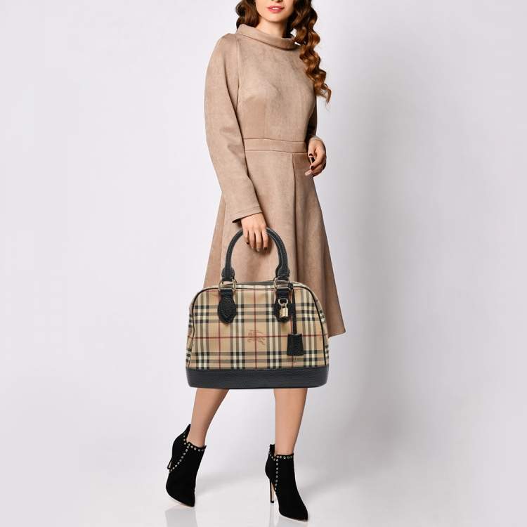 Pre Owned Burberry Beige/Brown Haymarket Coated Canvas and Leather Dome Satchel