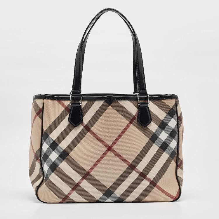 Pre Owned Burberry Black/Beige Super Nova Check Vinyl and Patent Leather Tote