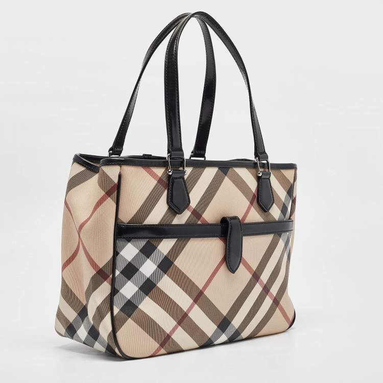 Pre Owned Burberry Black/Beige Super Nova Check Vinyl and Patent Leather Tote