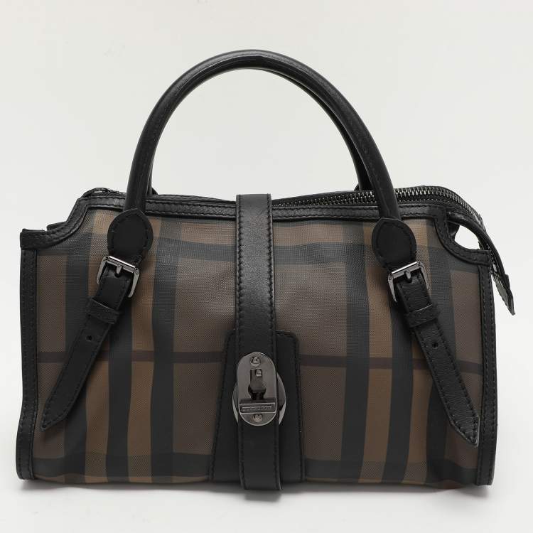 Pre Owned Burberry Black Smoked Check PVC and Leather Chain Lock Bowling Bag
