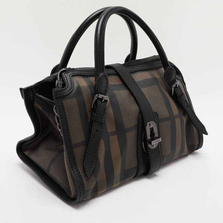 Pre Owned Burberry Black Smoked Check PVC and Leather Chain Lock Bowling Bag