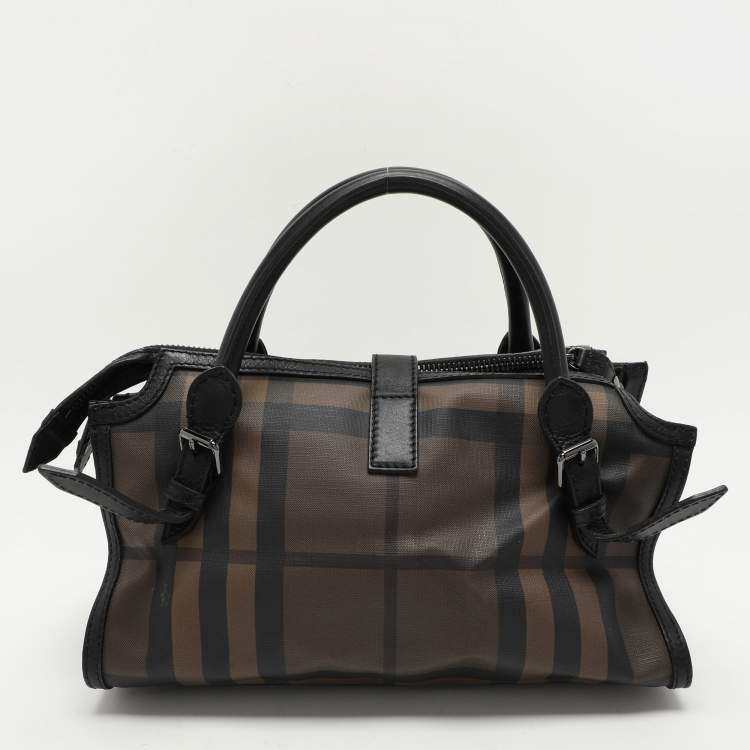 Pre Owned Burberry Black Smoked Check PVC and Leather Chain Lock Bowling Bag