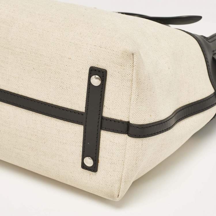 Pre Owned Burberry Black/Natural Canvas and Leather Medium Marais Belt Tote