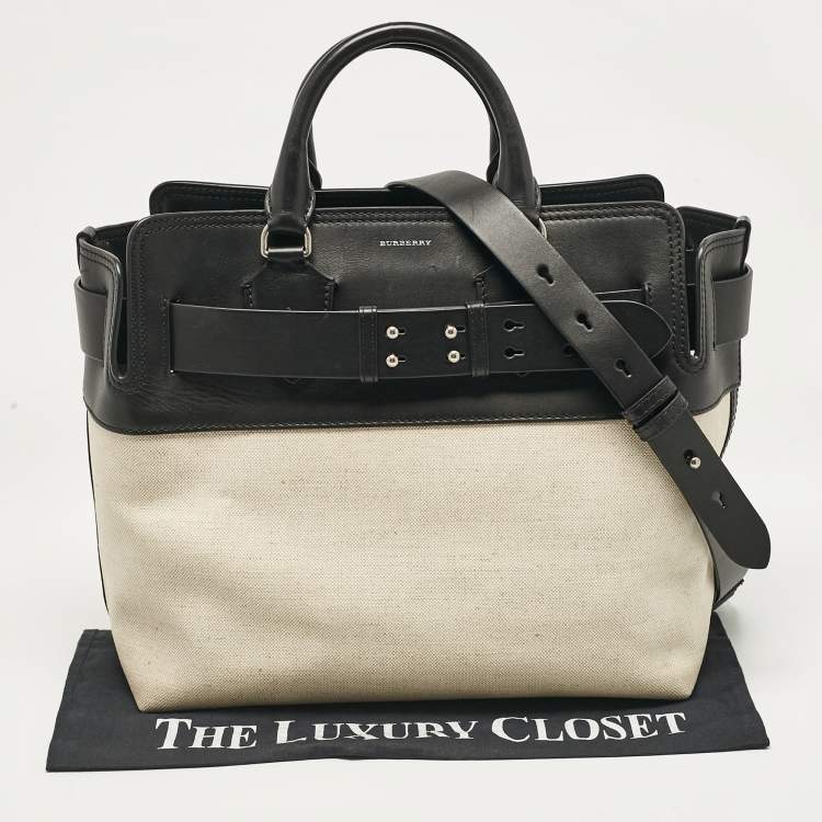 Pre Owned Burberry Black/Natural Canvas and Leather Medium Marais Belt Tote
