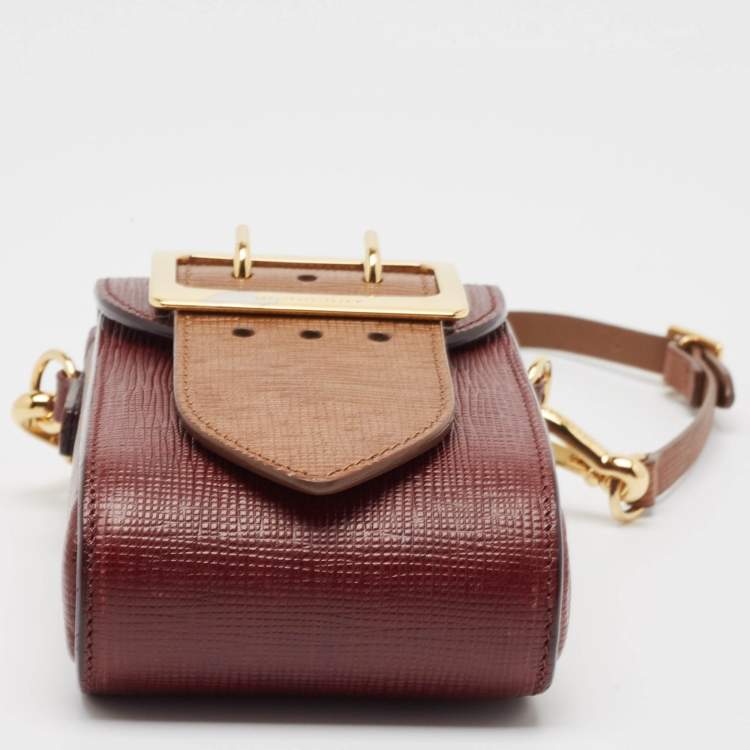 Pre Owned Burberry Burgundy/Brown Leather Buckle Vertical Crossbody Bag