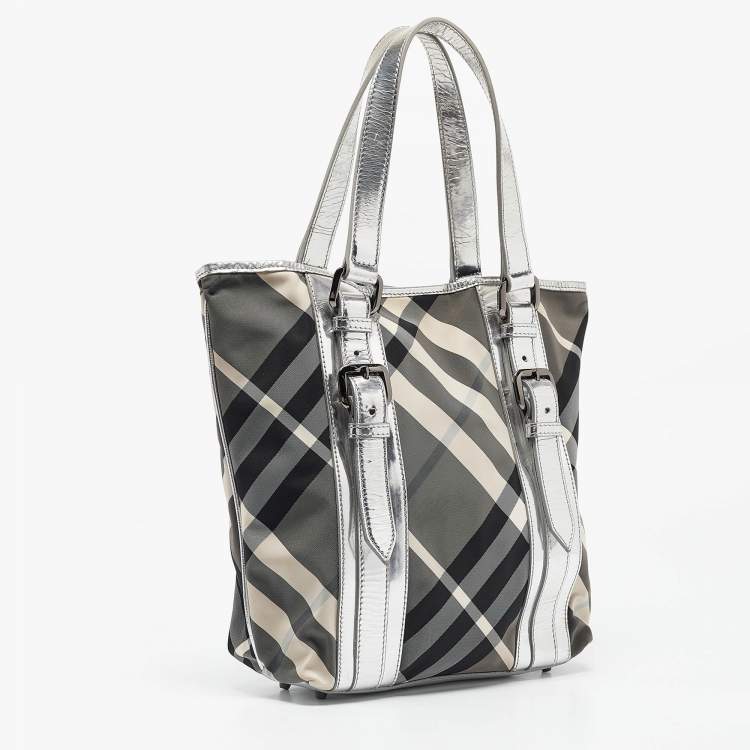 Pre Owned Burberry Silver Beat Check Nylon Victoria Tote