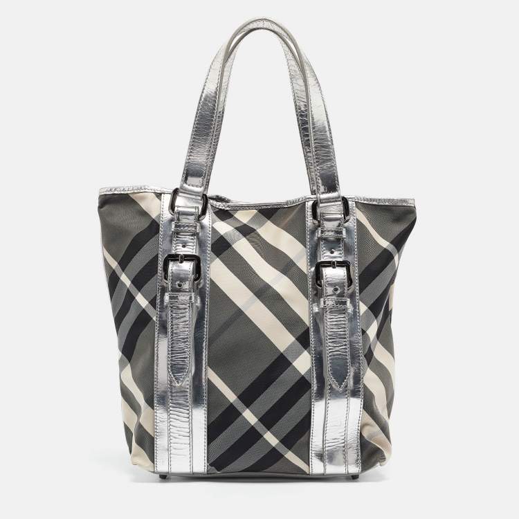 Pre Owned Burberry Silver Beat Check Nylon Victoria Tote