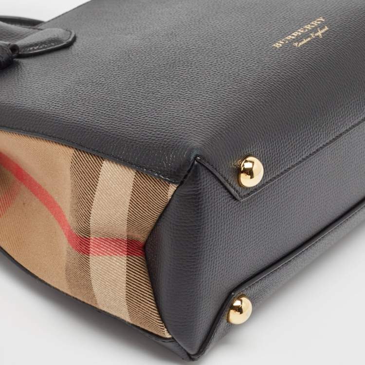 Pre Owned Burberry Black/Beige Leather and House Check Fabric Small Banner Tote