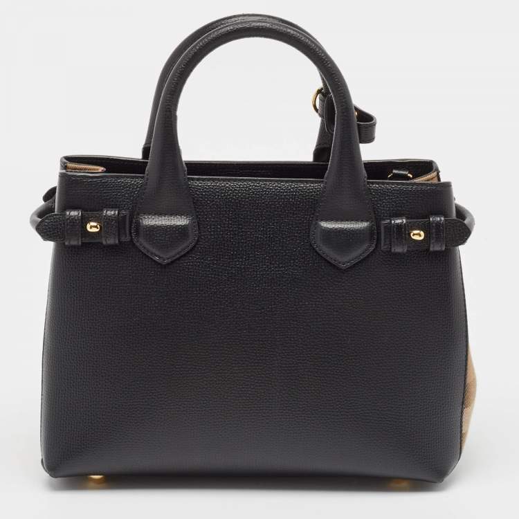 Pre Owned Burberry Black/Beige Leather and House Check Fabric Small Banner Tote