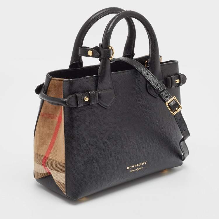 Pre Owned Burberry Black/Beige Leather and House Check Fabric Small Banner Tote