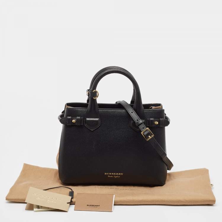 Pre Owned Burberry Black/Beige Leather and House Check Fabric Small Banner Tote