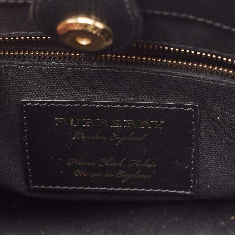 Pre Owned Burberry Black/Beige Leather and House Check Fabric Small Banner Tote