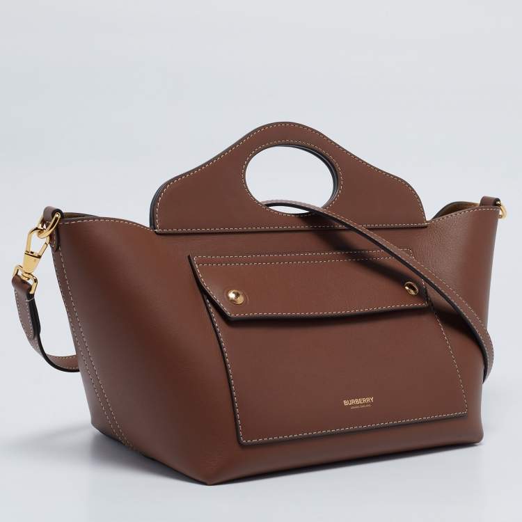 Pre Owned Burberry Dark Brown Soft Leather Small Pocket Tote