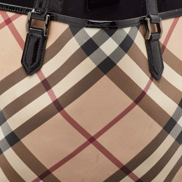 Pre Owned Burberry Black/Beige Supernova Check Vinyl and Patent Leather Large Nickie Tote