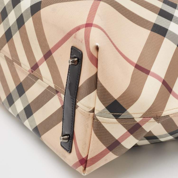 Pre Owned Burberry Black/Beige Supernova Check Vinyl and Patent Leather Large Nickie Tote