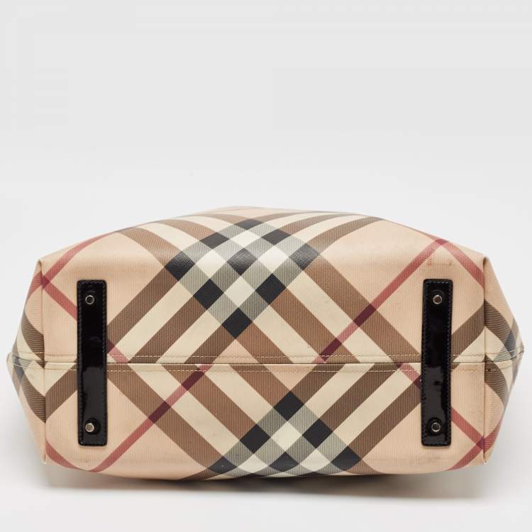 Pre Owned Burberry Black/Beige Supernova Check Vinyl and Patent Leather Large Nickie Tote