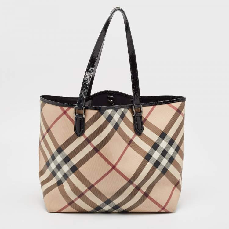 Pre Owned Burberry Black/Beige Supernova Check Vinyl and Patent Leather Large Nickie Tote