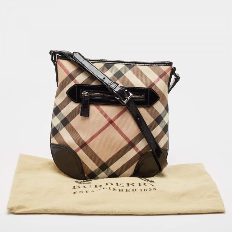 Pre Owned Burberry Black/Beige Nova Check Patent Leather and PVC Dryden Crossbody Bag