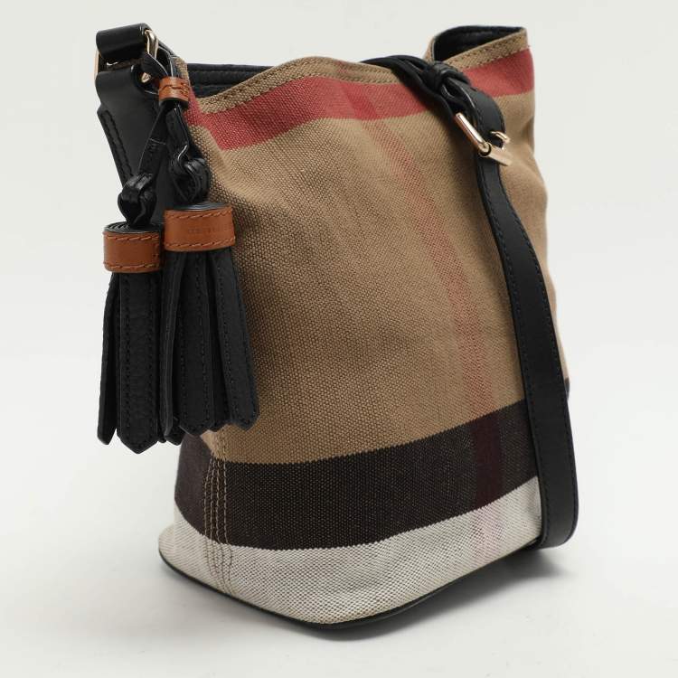 Pre Owned Burberry Beige/Black House Check Canvas and Leather Ashby Bucket Bag