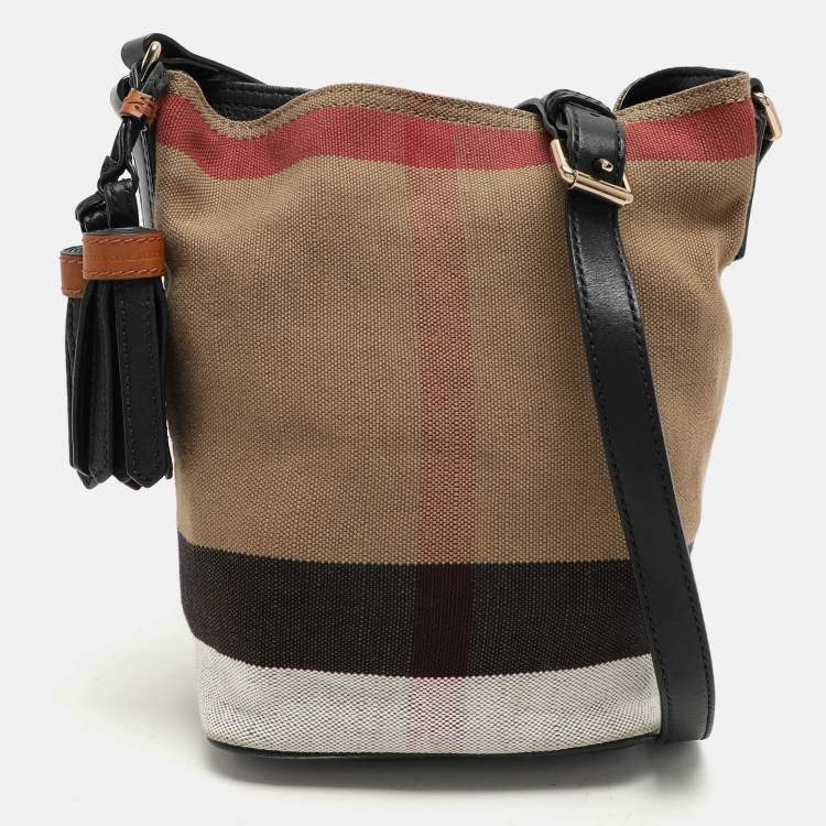 Pre Owned Burberry Beige/Black House Check Canvas and Leather Ashby Bucket Bag