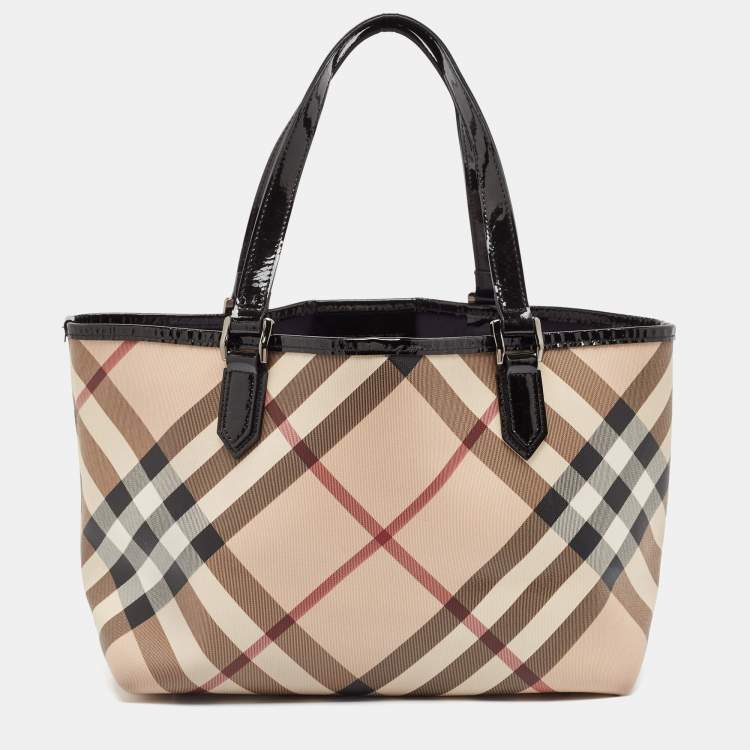 Pre Owned Burberry Beige/Black Supernova Check Coated Canvas and Patent Leather Nickie Tote