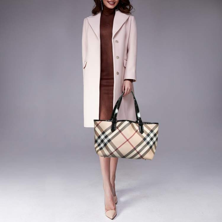 Pre Owned Burberry Beige/Black Supernova Check Coated Canvas and Patent Leather Nickie Tote