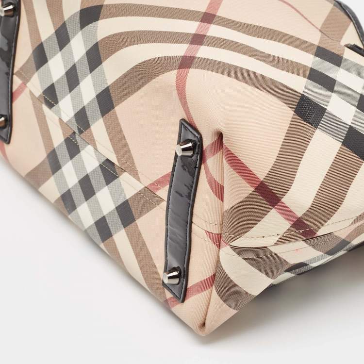 Pre Owned Burberry Beige/Black Supernova Check Coated Canvas and Patent Leather Nickie Tote