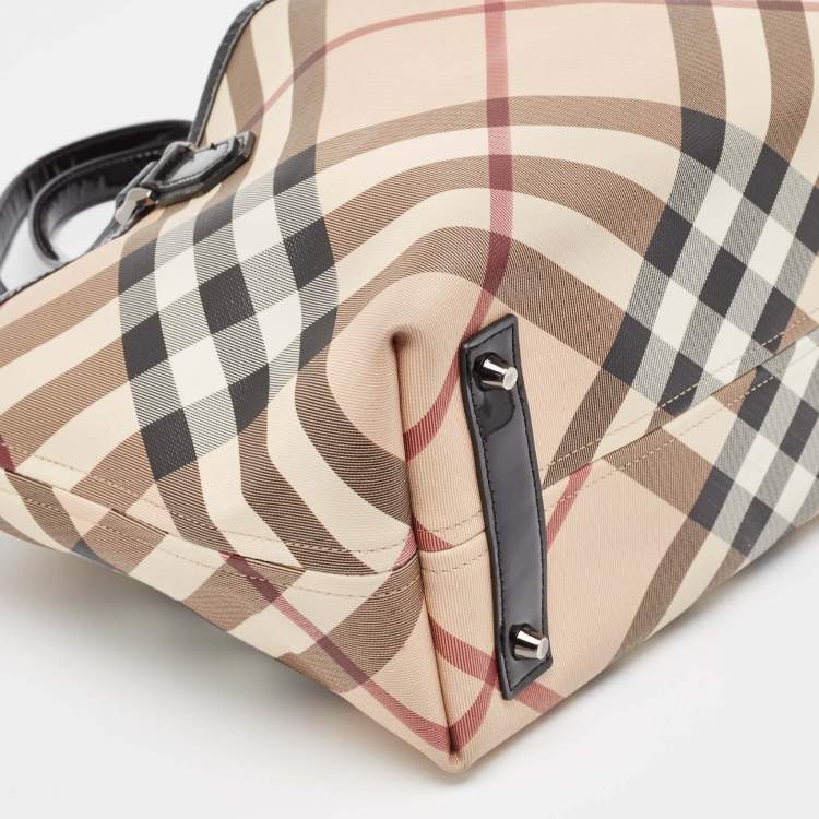 Pre Owned Burberry Beige/Black Supernova Check Coated Canvas and Patent Leather Nickie Tote
