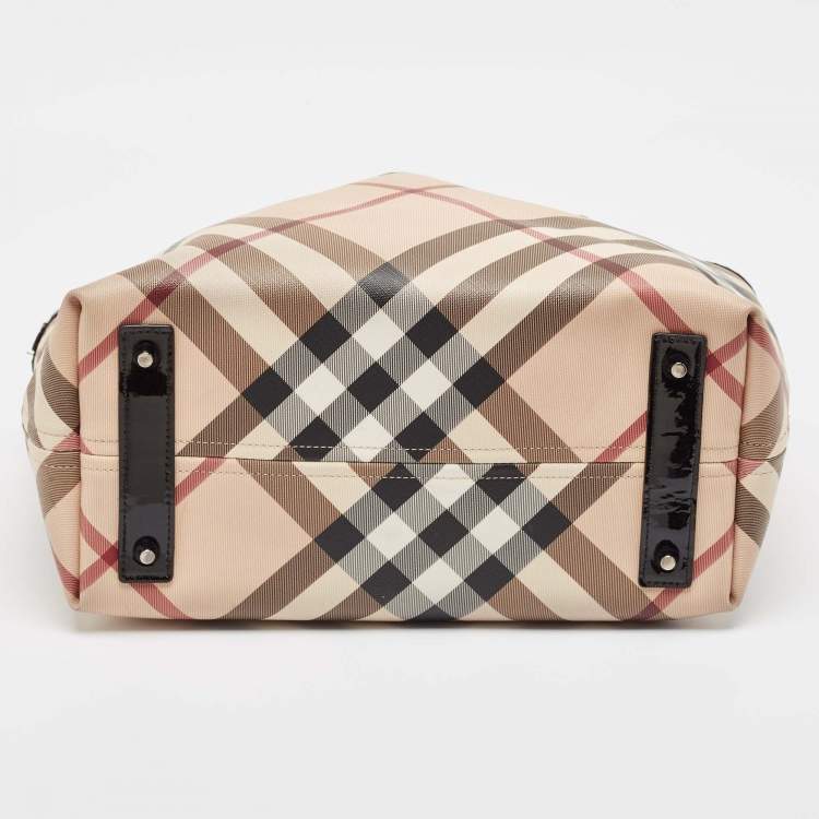 Pre Owned Burberry Beige/Black Supernova Check Coated Canvas and Patent Leather Nickie Tote