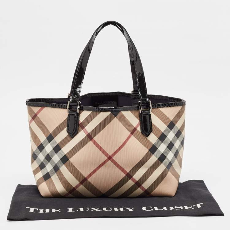 Pre Owned Burberry Beige/Black Supernova Check Coated Canvas and Patent Leather Nickie Tote