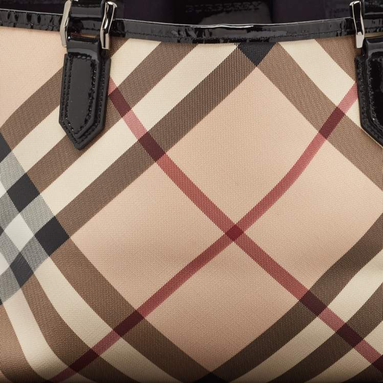 Pre Owned Burberry Beige/Black Supernova Check Coated Canvas and Patent Leather Nickie Tote
