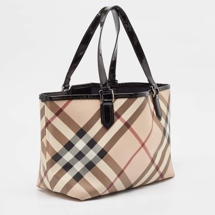 Pre Owned Burberry Beige/Black Supernova Check Coated Canvas and Patent Leather Nickie Tote