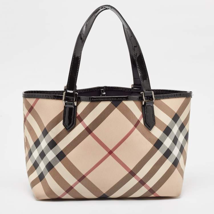 Pre Owned Burberry Beige/Black Supernova Check Coated Canvas and Patent Leather Nickie Tote