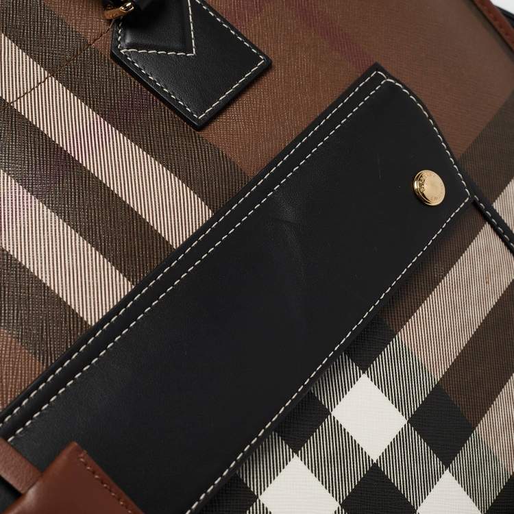 Pre Owned Burberry Dark Birch Brown Check Coated Canvas and Leather Medium Freya Tote