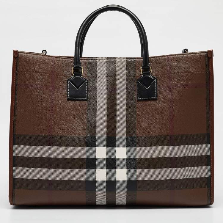 Pre Owned Burberry Dark Birch Brown Check Coated Canvas and Leather Medium Freya Tote