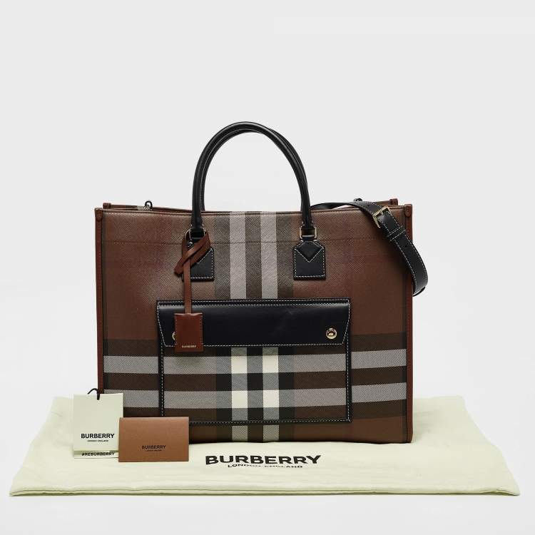 Pre Owned Burberry Dark Birch Brown Check Coated Canvas and Leather Medium Freya Tote