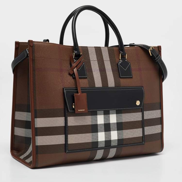 Pre Owned Burberry Dark Birch Brown Check Coated Canvas and Leather Medium Freya Tote