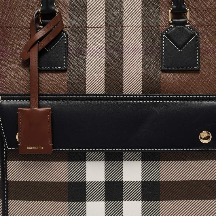 Pre Owned Burberry Dark Birch Brown Check Coated Canvas and Leather Medium Freya Tote