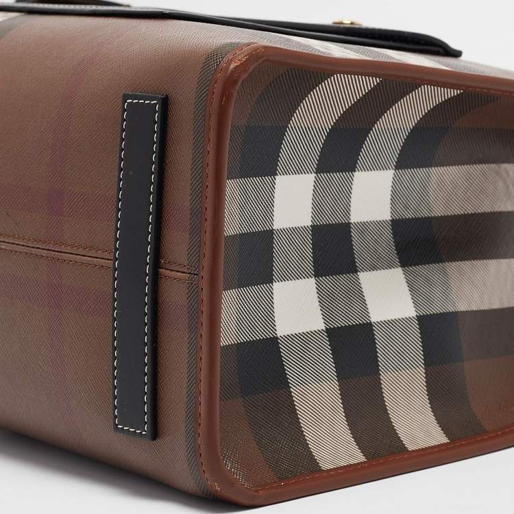 Pre Owned Burberry Dark Birch Brown Check Coated Canvas and Leather Medium Freya Tote